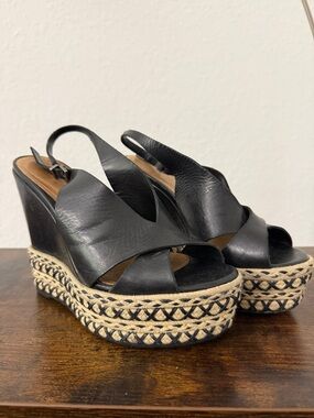 SCHUTZ Black Leather Espadrille Platform Wedge Sandals